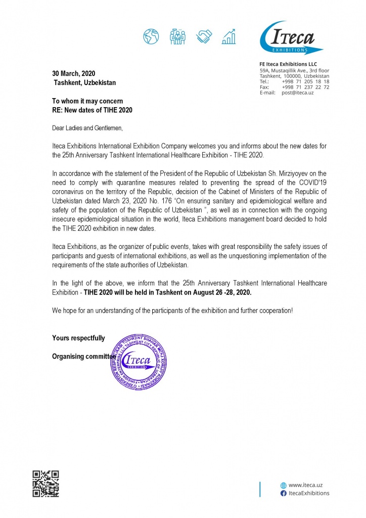 Announcement regarding new dates of «Healthcare Exhibition - TIHE 2020»